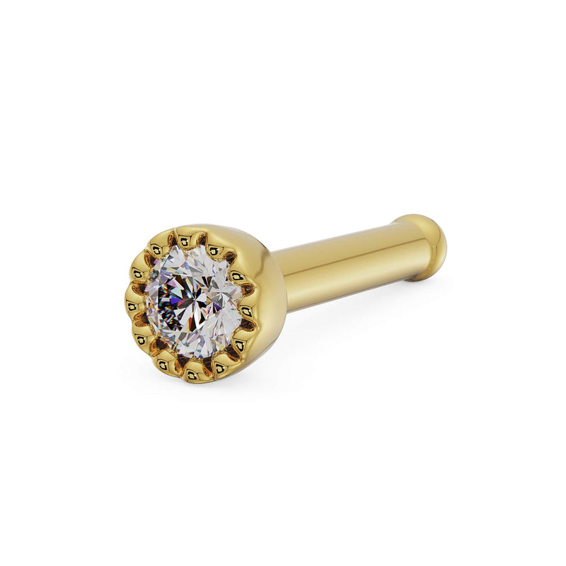 14k yellow gold diamond perlage nose bone stud, angled view showing rounded post tip