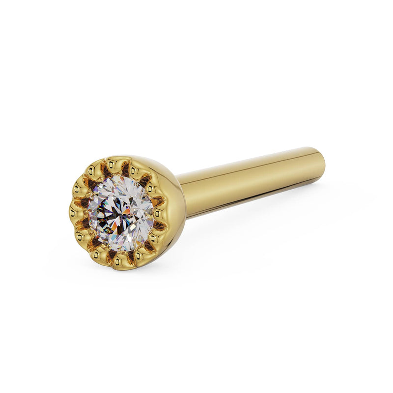 14k yellow gold 1.5mm diamond perlage straight post nose stud, angled side view