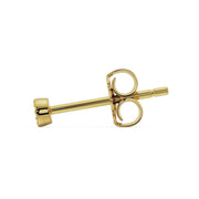 Side view of 14K yellow gold perlage stud earring showing full post length and open butterfly back