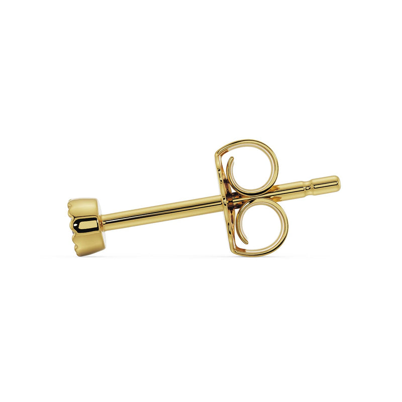 Side view of 14K yellow gold perlage stud earring showing full post length and open butterfly back