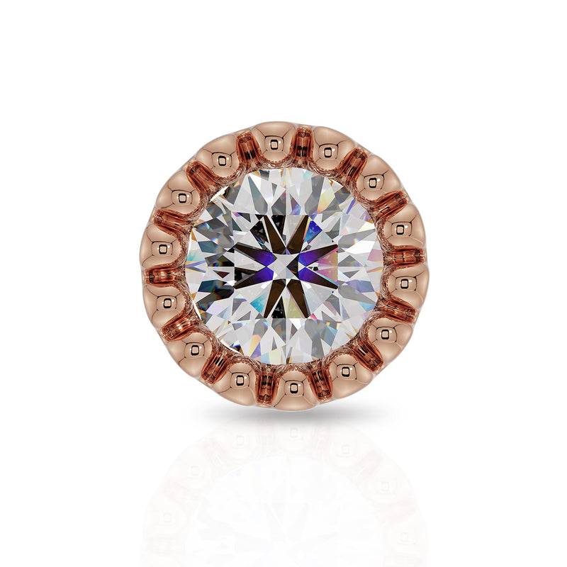 Front close-up of 14k rose gold 2mm diamond perlage nose stud showing warm-toned milgrain bezel