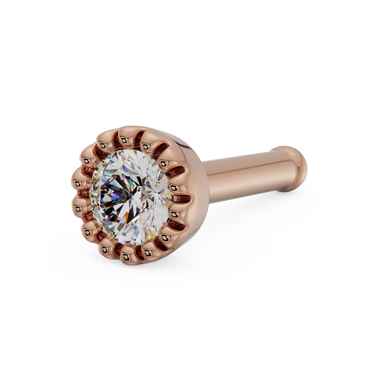 14k rose gold 2mm diamond perlage nose bone style, angled view showing milgrain bezel and ball end