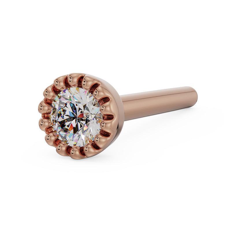 14k rose gold 2mm diamond perlage nose stud with straight post, angled view showing post and milgrain setting
