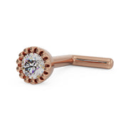 14k rose gold 2mm diamond perlage nose ring with L-post style, angled view showing bent post