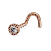 14k rose gold 2mm diamond perlage nose ring twist style, angled view showing curved screw post