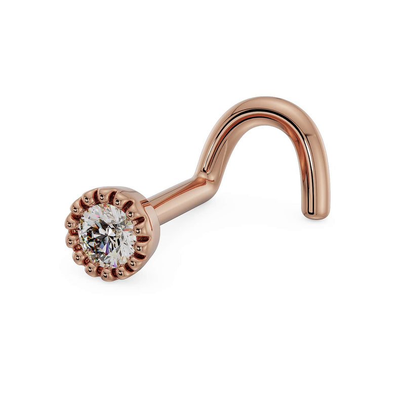 14k rose gold 2mm diamond perlage nose ring twist style, angled view showing curved screw post