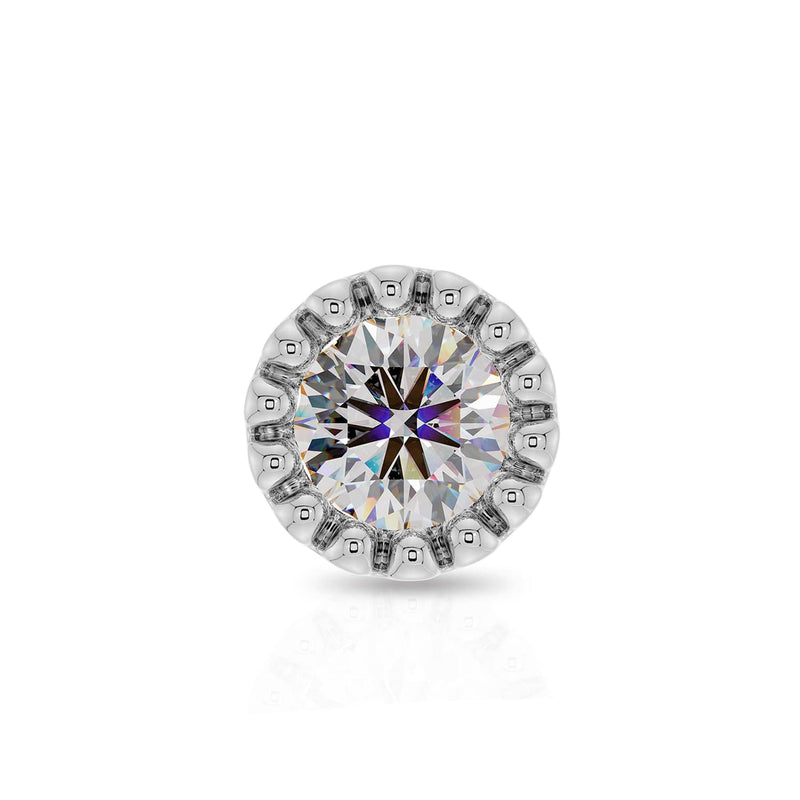Front close-up of 14k white gold 2mm diamond perlage nose stud showing milgrain bezel and diamond facets
