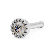 14k white gold 2mm diamond perlage nose bone style, angled view with milgrain bezel and ball-tipped end