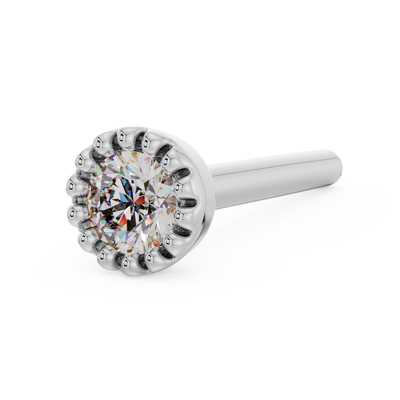 14k white gold 2mm diamond perlage nose stud with straight post, angled view showing cylindrical post