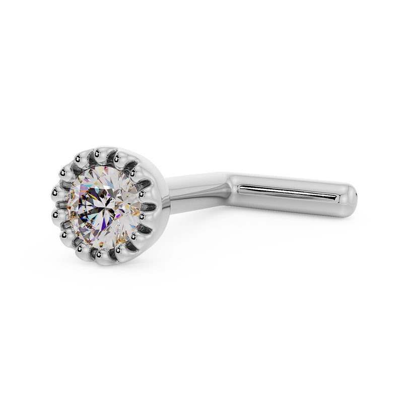 14k white gold 2mm diamond perlage nose ring with L-post style, angled view showing post bend