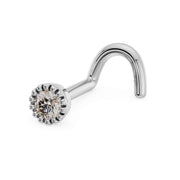 14k white gold 2mm diamond perlage nose ring twist style, angled view showing curved screw post