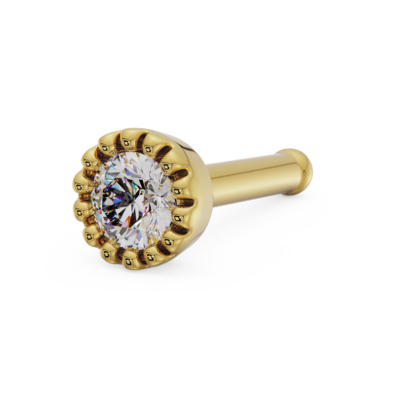 14k yellow gold diamond perlage nose bone style, angled view showing milgrain setting and ball end tip