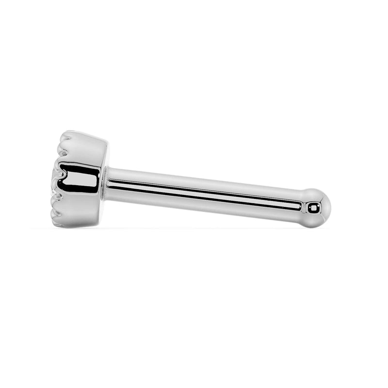 Side profile of white gold diamond perlage nose stud showing straight post style and ball end