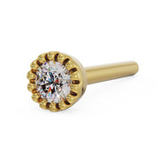 14k yellow gold 2mm diamond perlage nose stud with straight post, angled side view showing post length