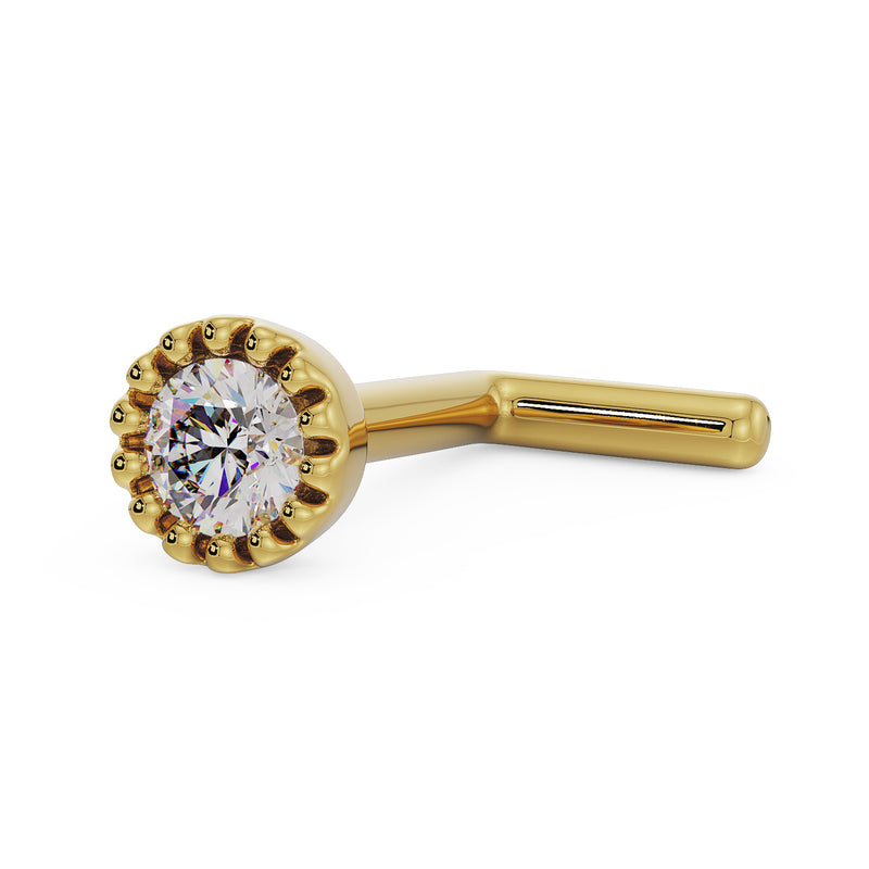 14k yellow gold diamond perlage nose ring with L-post style, angled view showing bent post shape