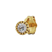 14K yellow gold diamond perlage stud earring angled front view showing bead bezel and sparkling diamond
