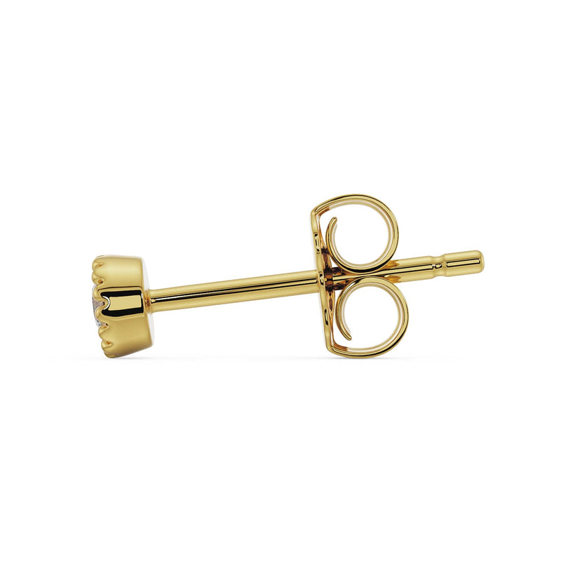Side profile of larger 14K yellow gold diamond perlage stud showing post depth and open butterfly back