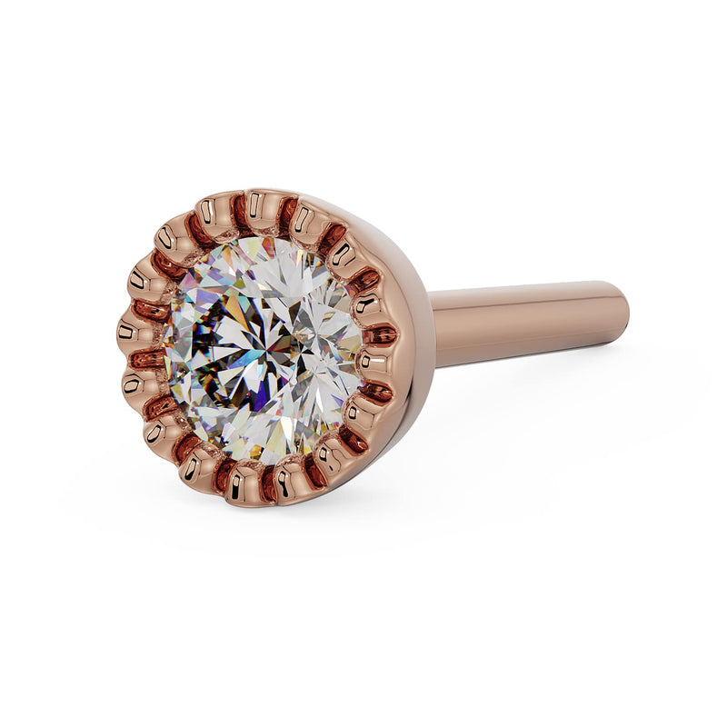 14k rose gold diamond milgrain nose ring, straight post style, angled view from the right