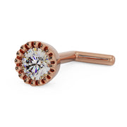 14k rose gold diamond perlage nose ring, L-post style, angled side view showing bent post