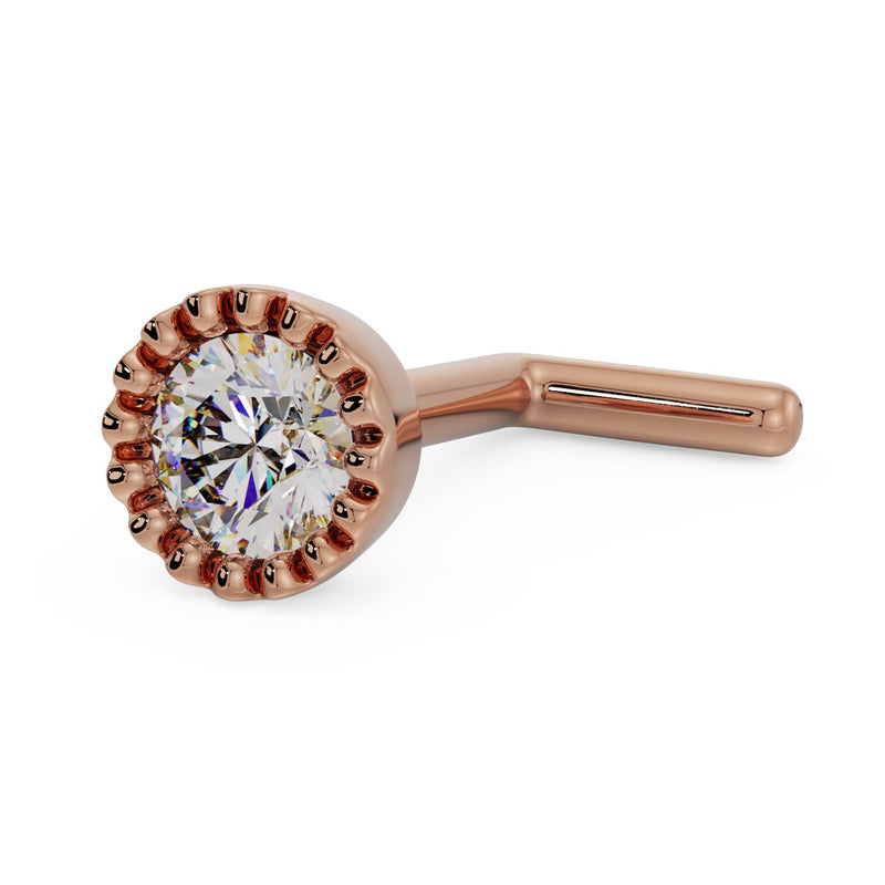 14k rose gold diamond perlage nose ring, L-post style, angled side view showing bent post