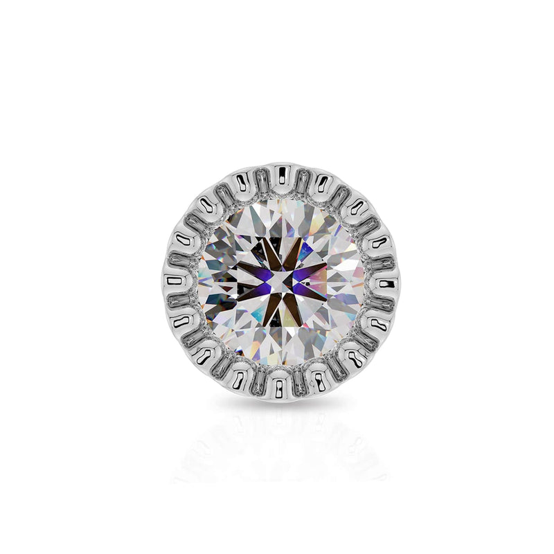 Close-up front view of white gold perlage bezel setting highlighting diamond facets and milgrain border