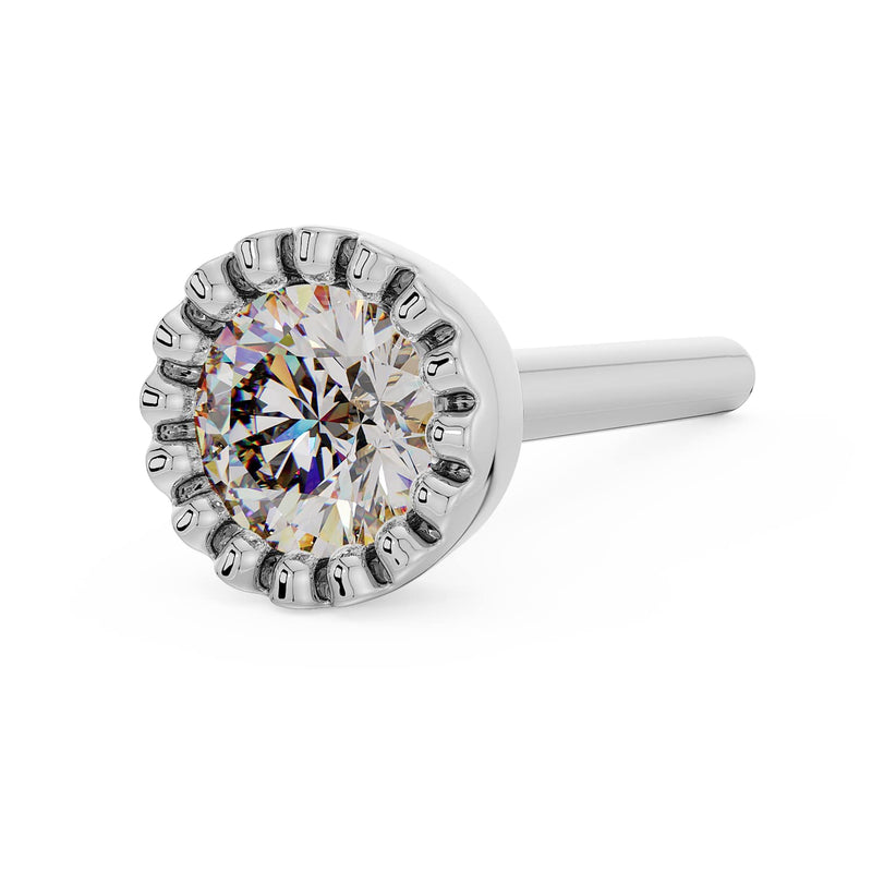 14k white gold diamond perlage nose ring, straight post style, angled view from the right