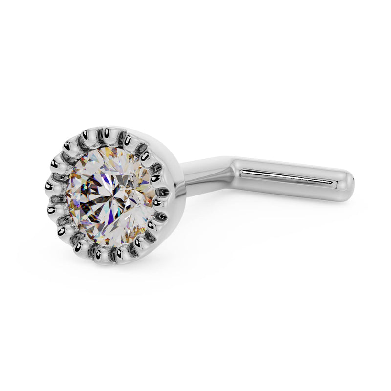 14k white gold 2.5mm diamond milgrain nose ring, L-post style, side angle showing bent post