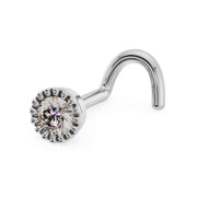 14k white gold diamond perlage nose ring, twist screw style, angled view showing curved post