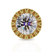 Close-up front view of 14k yellow gold perlage bezel setting with brilliant-cut diamond sparkle detail