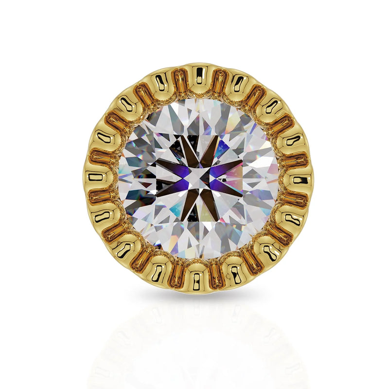 Close-up front view of 14k yellow gold perlage bezel setting with brilliant-cut diamond sparkle detail