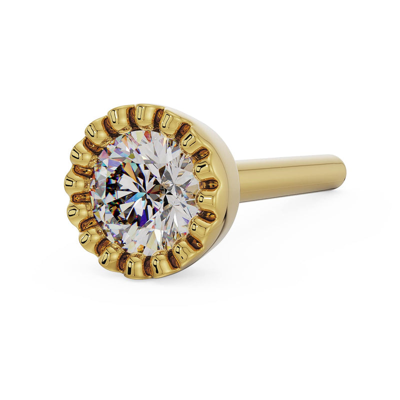 14k yellow gold diamond perlage nose ring, straight post style, angled view from the right