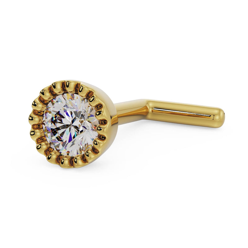14k yellow gold 2.5mm diamond nose ring with L-post style, side angle showing post shape