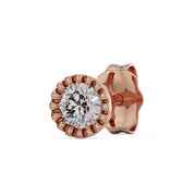 14K rose gold diamond perlage stud earring, larger stone, front-angled view with bead setting detail