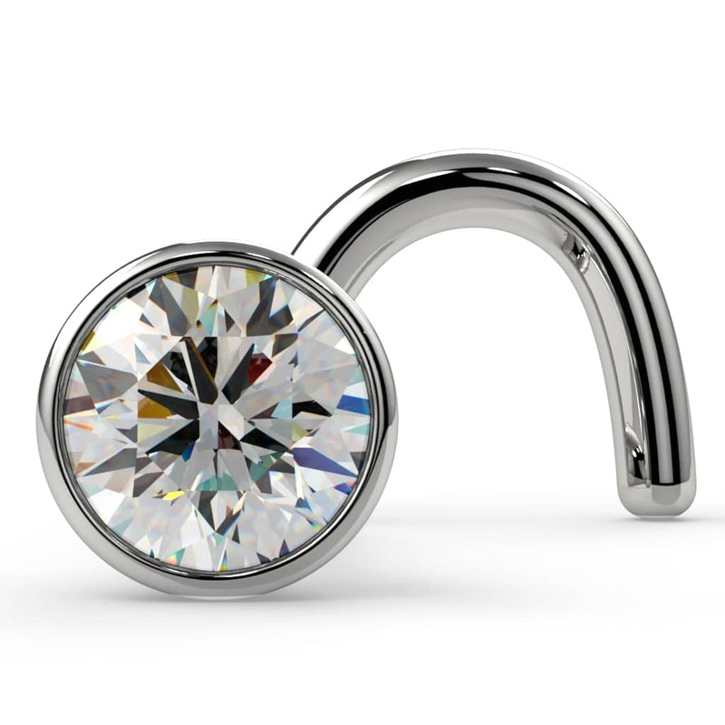 14k white gold 2.5mm diamond bezel nose ring twist style, front view showing VS1 diamond sparkle