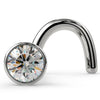 14k white gold 2mm VS1 diamond bezel nose ring stud, twist style, front view