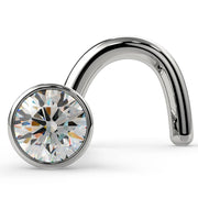 14k white gold 2mm VS1 diamond bezel nose ring stud, twist style, front view