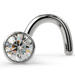 14k white gold 2mm VS1 diamond bezel nose ring stud, twist style, front view