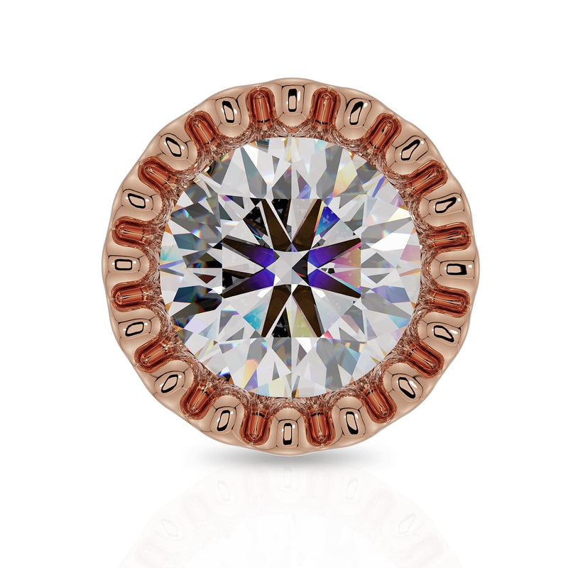 Close-up top-down view of 3mm diamond in 14k rose gold perlage bezel showing full facets