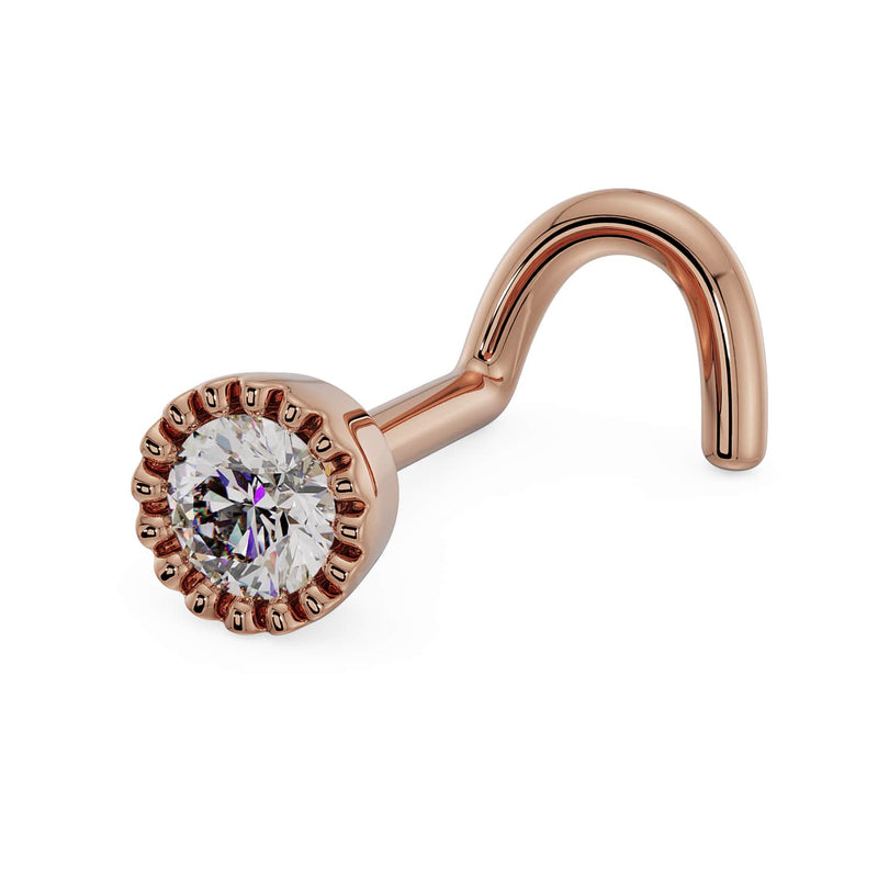 14k rose gold 3mm diamond milgrain nose ring twist style, angled front view