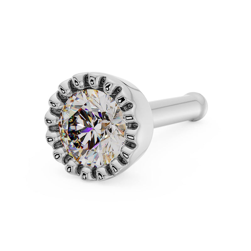 14k white gold 3mm diamond milgrain nose ring with bone post, angled side view
