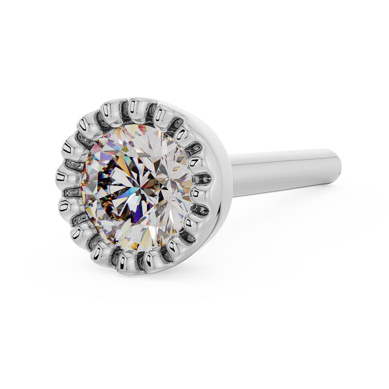 14k white gold 3mm diamond perlage nose ring straight post, elevated angled view of setting