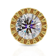 Close-up top-down view of 3mm diamond in perlage bezel setting, 14k yellow gold labret stud