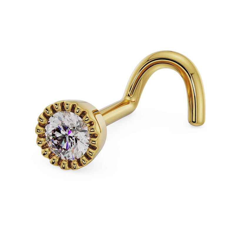 14k yellow gold 3mm diamond milgrain nose ring twist style, angled front view