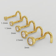 14k yellow gold diamond perlage nose ring shown in five sizes: 1.2mm through 3mm comparison