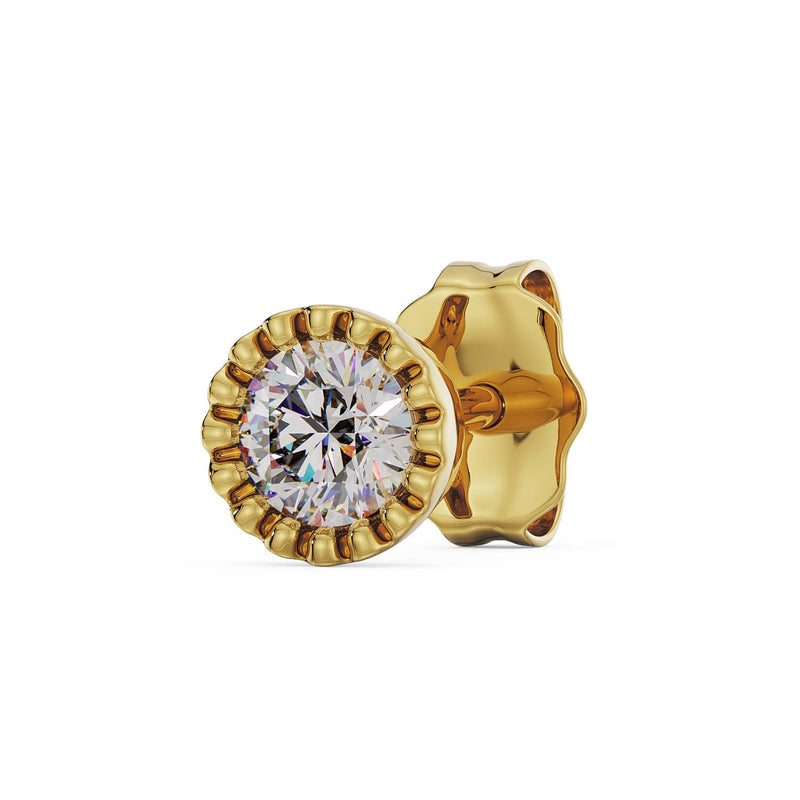 14K yellow gold diamond perlage stud earring, larger stone size, angled view highlighting bead setting