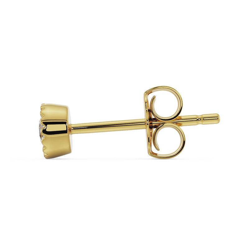 Side profile of 14K yellow gold diamond perlage stud showing post length and butterfly backing detail