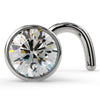 14k white gold 3mm diamond bezel nose ring twist style, angled front view showing VS1 stone sparkle
