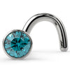 14k white gold twist nose ring stud with 2mm blue diamond in bezel setting, front angle view