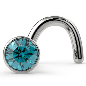 14k white gold twist nose ring stud with 2mm blue diamond in bezel setting, front angle view