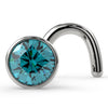 14k white gold 2.5mm blue diamond bezel nose ring twist style, angled front view